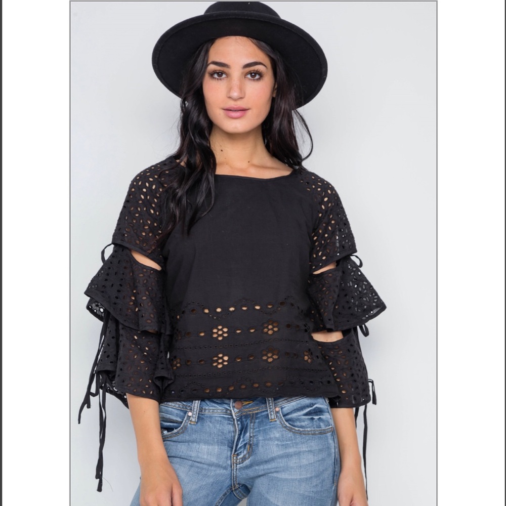 Black Floral Embroidery Cut Out Flounce Sleeve Top